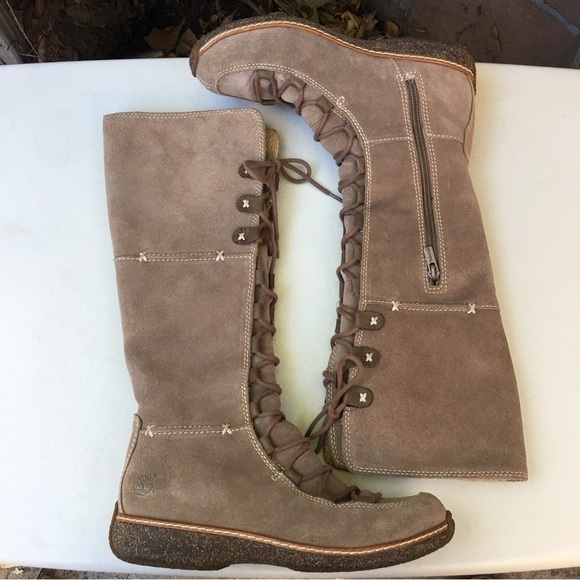 TIMBERLAND Tall Suede Lace Up Boots Oatmeal Size 8 Sherpa Lined - Picture 1 of 9